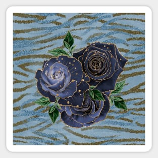 Wild Tiger Stripe Golden Blue Roses Sticker